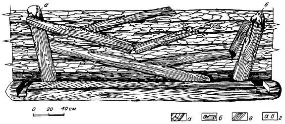17. План южной стенки погребальной камеры. а — неошкуренные бревна внешнего сруба, б — бревно внутреннего сруба, в — завалившиеся бревна первого перекрытия, г — вертикально врытые столбы.