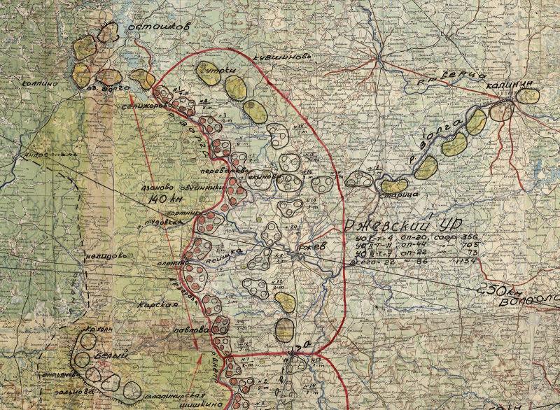 Схема укрепленных районов третьего рубежа по линии: Осташков, Ржев, Вязьма, Спас-Деменск