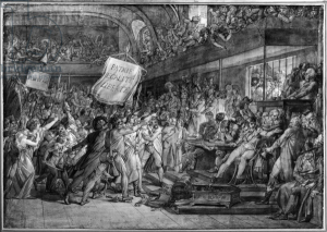 XIR238328 The People of Paris storm the Tuileries on 10 August, 1792 (pen & ink & wash on paper) (b/w photo) by Gerard, Francois Pascal Simon, Baron (1770-1837); 66.8x91.7 cm; Louvre, Paris, France; (add.info.: behind the grille may be seen King Louis XVI (1754-93) and Queen Marie-Antoinette (1755-93); banners proclaim 'No more Kings' and 'Homeland, Freedom, Liberty';); Giraudon; French, out of copyright