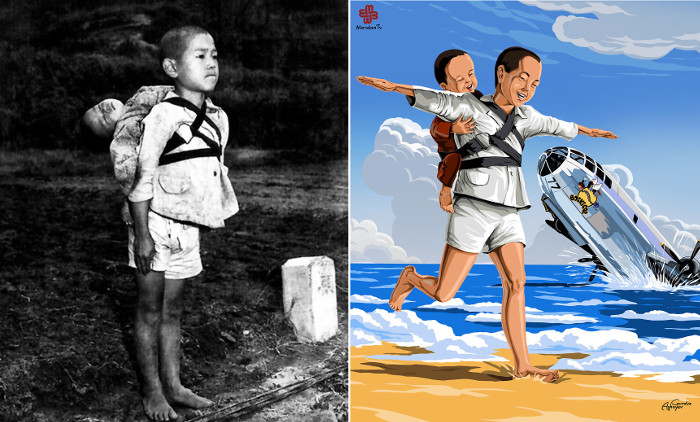 Японский мальчик стоит по стойке смирно. Он принес своего умершего младшего брата на кремацию. 1945г. Японский мальчик стоит по стойке смирно. Он принес своего умершего младшего брата на кремацию. 1945г.