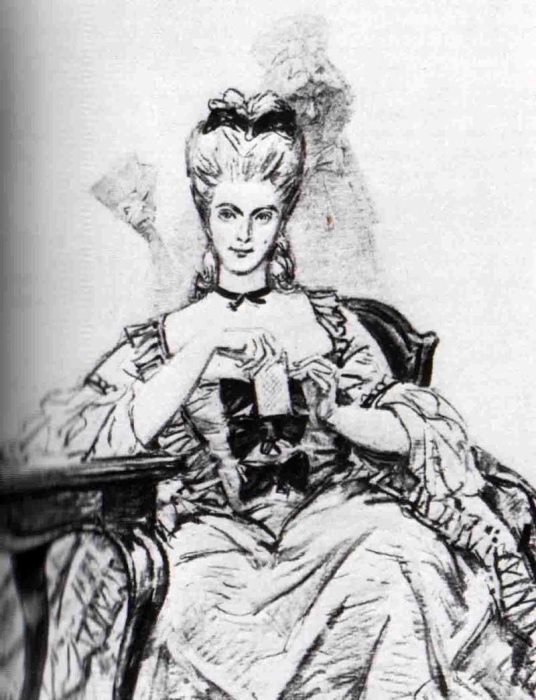 Иллюстрация Д. Шмаринова к повести Пушкина *Пиковая дама*. Графиня в молодости Иллюстрация Д. Шмаринова к повести Пушкина *Пиковая дама*. Графиня в молодости