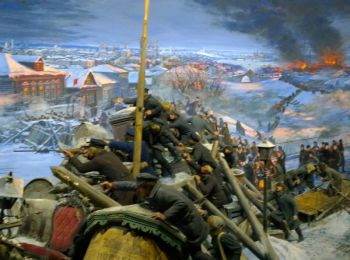 Бой на баррикаде в районе станции метро «Краснопресненская» (кольцевая). декабрь 1905. фрагмент диорамы в музее «Пресня»