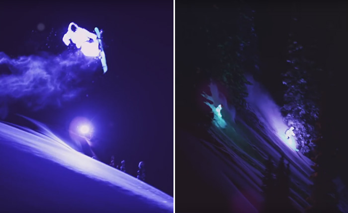 Лыжники в светодиодных костюмах украсили ночной пейзаж. Лыжники в светодиодных костюмах украсили ночной пейзаж.