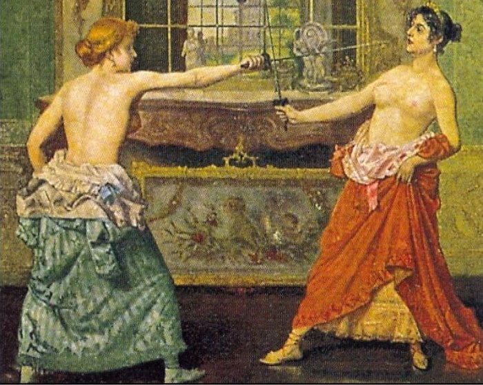 Доменико Мастальо. *Дамская дуэль*. Почтовая карточка, 1905 Доменико Мастальо. *Дамская дуэль*. Почтовая карточка, 1905