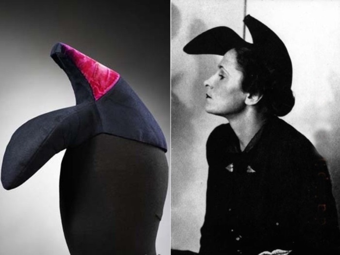 Знаменитая шляпа *Туфля* и Гала, позирующая в этой шляпе Знаменитая шляпа *Туфля* и Гала, позирующая в этой шляпе