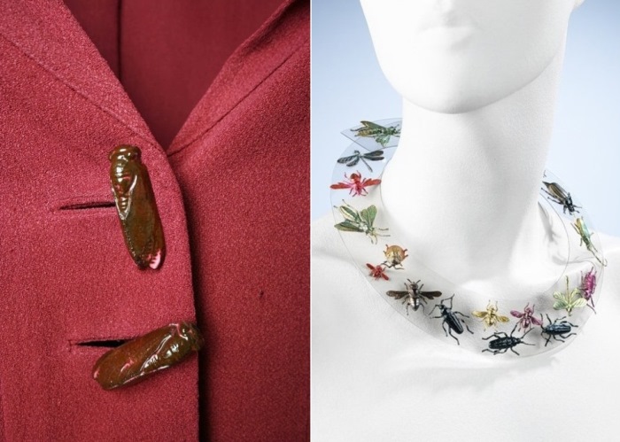 Пуговицы в виде жуков и ожерелье из прозрачного пластика с нарисованными насекомыми Пуговицы в виде жуков и ожерелье из прозрачного пластика с нарисованными насекомыми