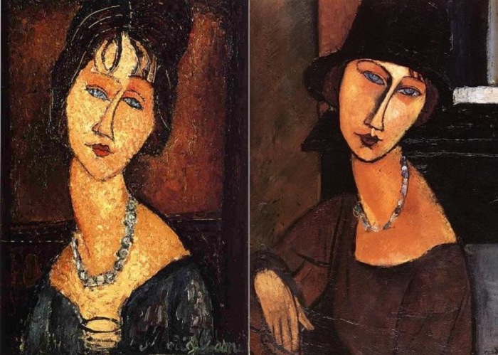Амедео Модильяни. Слева – портрет Жанны Эбютерн с бусами, 1917. Справа – портрет Жанны Эбютерн в шляпе и с бусами, 1917