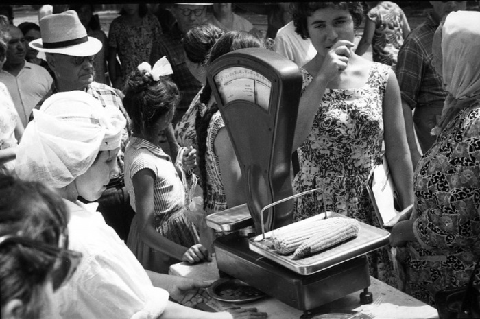 Городской рынок, женщина покупает кукурузу, 1963 год.