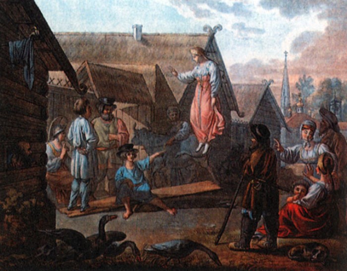 И. Кокере. Игра *Скакать на доске*. Гравюра с рисунка Е. М. Корнеева, 1810-е