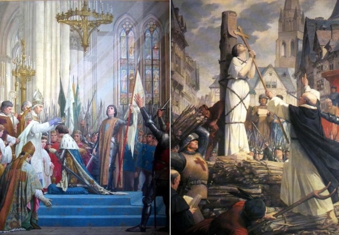 Ж. Э. Леневе. Слева – *Жанна д’Арк на коронации Карла VII*. Справа – *Жанна на костре*, 1886-1890