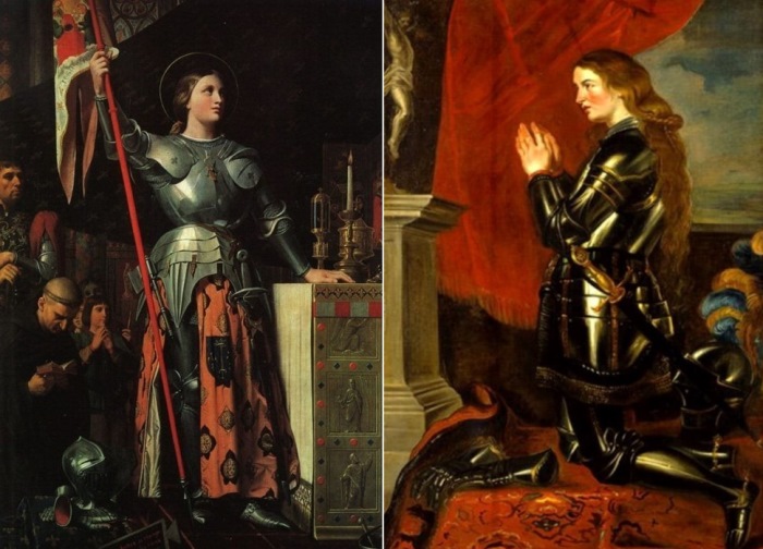 Слева – Ж.-О. Д. Энгр. Жанна д’Арк на коронации Карла VII, 1854. Справа – П. П. Рубенс. Молящаяся Жанна д’Арк, ок. 1620