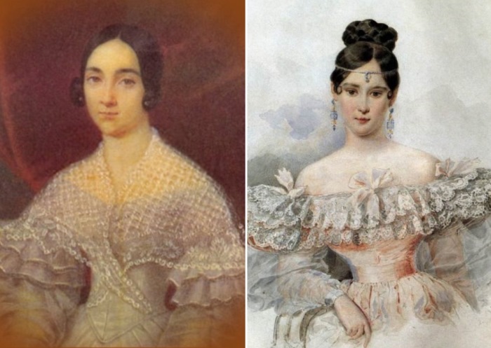 Слева – Ж.-Б. Сабатье. Портрет баронессы Екатерины Дантес де Геккерн, 1838. Справа – А. Брюллов. Портрет Натальи Гончаровой, 1832 Слева – Ж.-Б. Сабатье. Портрет баронессы Екатерины Дантес де Геккерн, 1838. Справа – А. Брюллов. Портрет Натальи Гончаровой, 1832