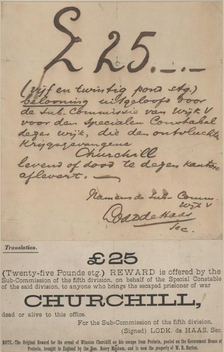 Бурский плакат с обещанием премии в 25 фунтов за живого или мертвого Черчилля. | Фото: slate.com. Бурский плакат с обещанием премии в 25 фунтов за живого или мертвого Черчилля. | Фото: slate.com.