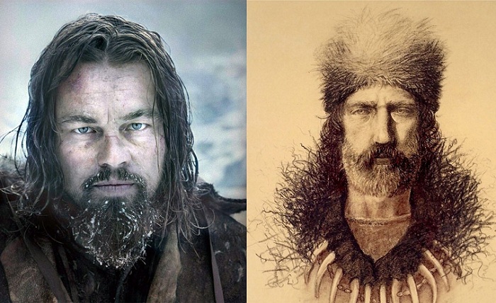 Леонардо ди Каприо в роли Хью Гласса из к/ф «Выживший» и портрет реального прототипа. Леонардо ди Каприо в роли Хью Гласса из к/ф «Выживший» и портрет реального прототипа.