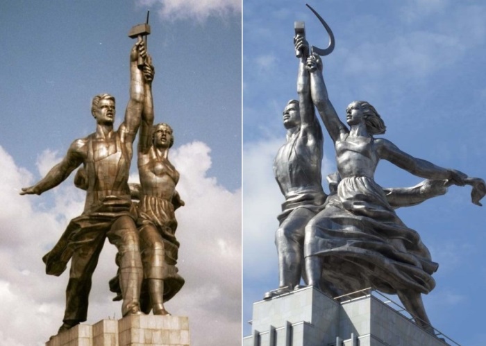 Скульптура Веры Мухиной *Рабочий и колхозница* | Фото: muzei-mira.com и moikrai.bibliosvao.ru