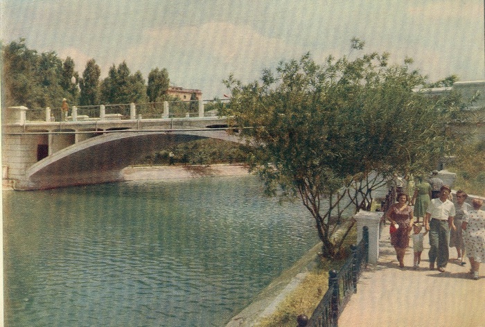 Одноарочный железобетонный мост, перекинутый через озеро. Одноарочный железобетонный мост, перекинутый через озеро.