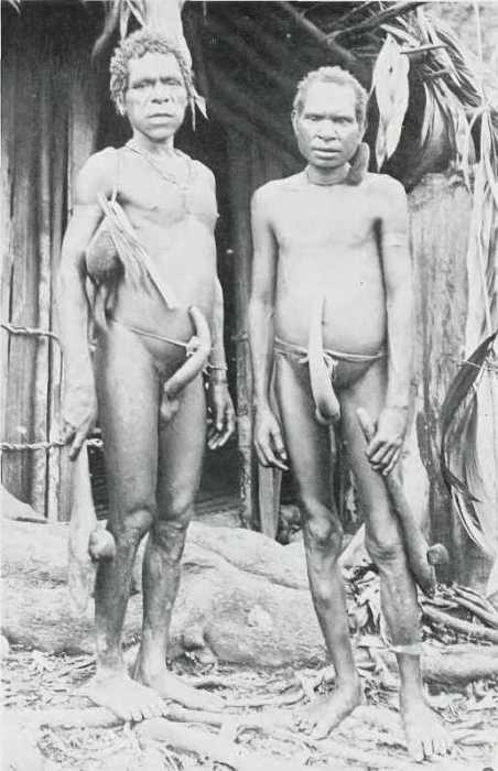 Двое мужчин с каменными топорами в руках. Двое мужчин с каменными топорами в руках.