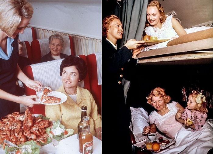 Справа: снимок ок. 1965 года, слева: подача блюд в постель, около 1955 года. Справа: снимок ок. 1965 года, слева: подача блюд в постель, около 1955 года.