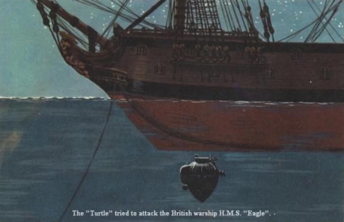 Американская подводная лодка «Черепаха» атакует британский линейный корабль HMS Eagle. | Фото: facta-nautica.graptolite.net. Американская подводная лодка «Черепаха» атакует британский линейный корабль HMS Eagle. | Фото: facta-nautica.graptolite.net.