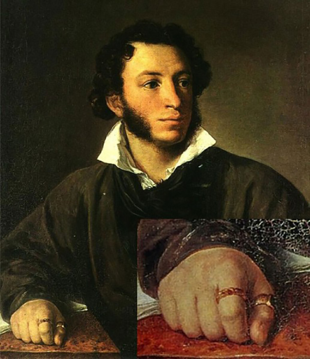 В.А.Тропинин, портрет А.C.Пушкина, 1827 год. На безымянном пальце - витое кольцо с сердоликом, на большом - кольцо с изумрудом В.А.Тропинин, портрет А.C.Пушкина, 1827 год. На безымянном пальце - витое кольцо с сердоликом, на большом - кольцо с изумрудом