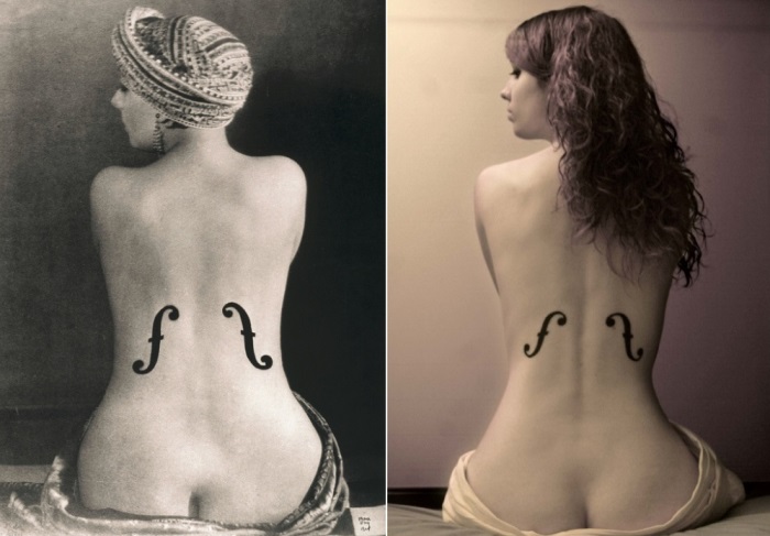 Слева – Ман Рэй. Скрипка Энгра, 1924. Справа – современная интерпретация знаменитой фотографии | Фото: theredlist.com и kleinburd.ru Слева – Ман Рэй. Скрипка Энгра, 1924. Справа – современная интерпретация знаменитой фотографии | Фото: theredlist.com и kleinburd.ru