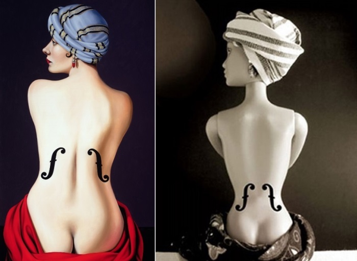 Слева – К. Абель. Почтение к Ману Рэю, 2003. Справа – Ж. Гриво. Барби в образе *Скрипки Энгра*| Фото: blogspot.ru и avivas.ru Слева – К. Абель. Почтение к Ману Рэю, 2003. Справа – Ж. Гриво. Барби в образе *Скрипки Энгра*| Фото: blogspot.ru и avivas.ru