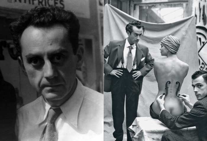 Слева – Ман Рэй. Справа – Ман Рэй с моделью Кики за работой над знаменитым снимком *Скрипка Энгра* | Фото: quotationof.com и newtimes.ru Слева – Ман Рэй. Справа – Ман Рэй с моделью Кики за работой над знаменитым снимком *Скрипка Энгра* | Фото: quotationof.com и newtimes.ru