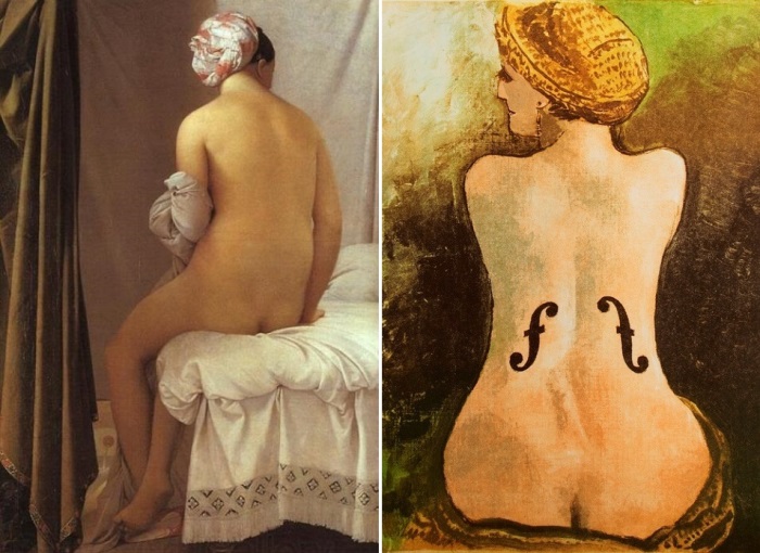 Слева – Жан Огюст Доминик Энгр. Сидящая купальщица, 1808. Справа – Ман Рэй. Литография, воспроизводящая в красках *Скрипку Энгра*, 1969 | Фото: artclassic.edu.ru и picstopin.com Слева – Жан Огюст Доминик Энгр. Сидящая купальщица, 1808. Справа – Ман Рэй. Литография, воспроизводящая в красках *Скрипку Энгра*, 1969 | Фото: artclassic.edu.ru и picstopin.com