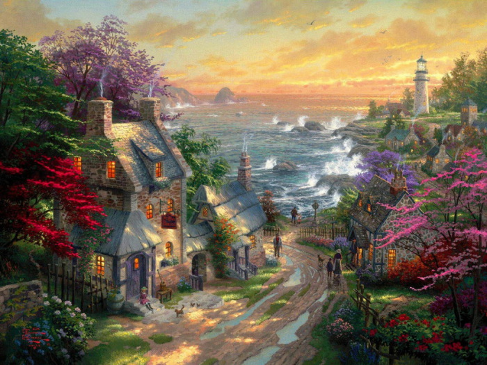 Дом на берегу моря и пенных волн. Автор: Thomas Kinkade. Дом на берегу моря и пенных волн. Автор: Thomas Kinkade.
