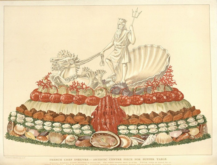 Художественный шедевр для вечерней трапезы. В основе пирога - оладьи из фарша лосося, украшенные омарами и раками. Нептун, дельфины и лошади сделаны из тонированного жира. | Фото: catalog.nyam.org. Художественный шедевр для вечерней трапезы. В основе пирога - оладьи из фарша лосося, украшенные омарами и раками. Нептун, дельфины и лошади сделаны из тонированного жира. | Фото: catalog.nyam.org.