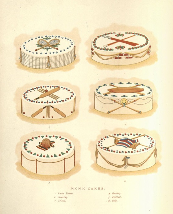 Разные украшения «пирога для пикника»: атрибуты игры в теннис, крикет, катание на лодках, футбол и поло. | Фото: nyamcenterforhistory.org. Разные украшения «пирога для пикника»: атрибуты игры в теннис, крикет, катание на лодках, футбол и поло. | Фото: nyamcenterforhistory.org.