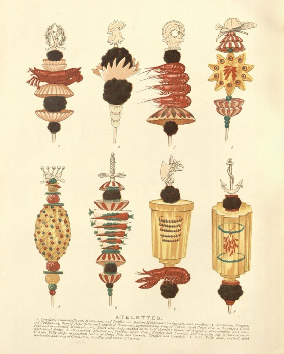 Канапе с нанизанной пищей, в том числе речными раками, грибами и заливным желе. | Фото: nyamcenterforhistory.org. Канапе с нанизанной пищей, в том числе речными раками, грибами и заливным желе. | Фото: nyamcenterforhistory.org.