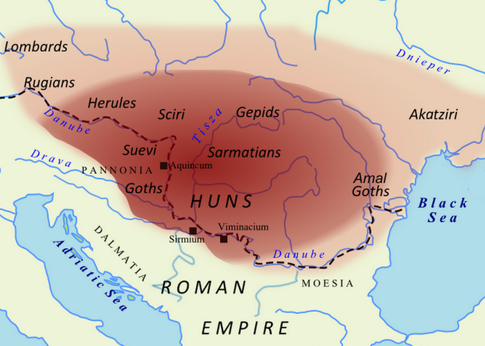 Империя гуннов и подчиненных ему племен во время Аттилы. / Фото: thevintagenews.com Империя гуннов и подчиненных ему племен во время Аттилы. / Фото: thevintagenews.com