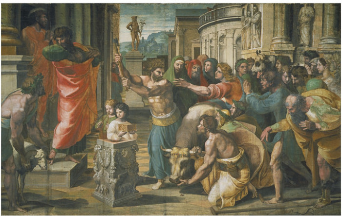 Жертвенная корова на картине Рафаэля «Жертвоприношение в Листре» (1515). | Фото: commons.wikimedia.org. Жертвенная корова на картине Рафаэля «Жертвоприношение в Листре» (1515). | Фото: commons.wikimedia.org.