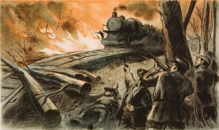 Засада советских партизан. Вражеский поезд встречают в подожженном лесу. | Фото: forums.drom.ru. Засада советских партизан. Вражеский поезд встречают в подожженном лесу. | Фото: forums.drom.ru.