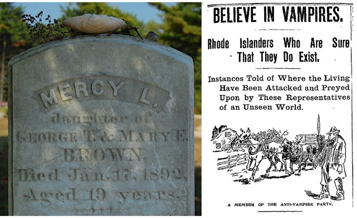 Слева: могила Мерси Браун, справа: листовка, описывающая убеждения жителей Род-Айленда в существовании вампиров. | Фото: thevintagenews.com. Слева: могила Мерси Браун, справа: листовка, описывающая убеждения жителей Род-Айленда в существовании вампиров. | Фото: thevintagenews.com.