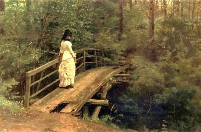 Репин И. Е. Летний пейзаж. В. А. Репина на мосту в Абрамцево, 1879 | Фото: wm-painting.ru