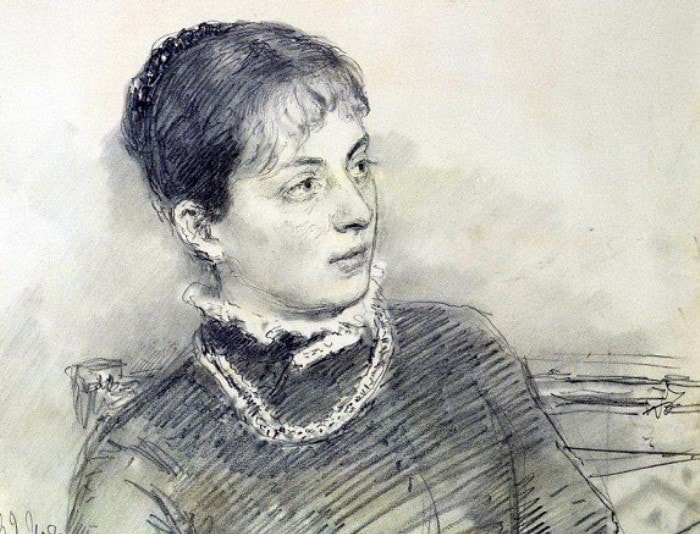 Репин И.Е. Портрет молодой жены, сидящей на диване, 1881. Фрагмент | Фото: gallerix.ru
