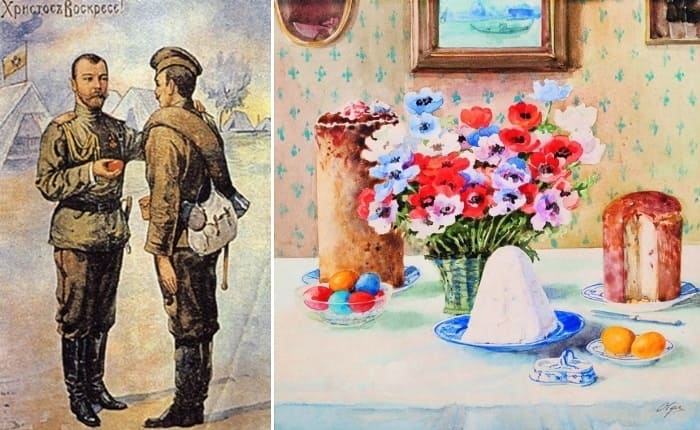 Слева – Пасхальная открытка с Николаем II, 1916. Справа – Пасхальный натюрморт великой княгини Ольги Романовой | Фото: worontsovpalace.org и artchive.ru Слева – Пасхальная открытка с Николаем II, 1916. Справа – Пасхальный натюрморт великой княгини Ольги Романовой | Фото: worontsovpalace.org и artchive.ru