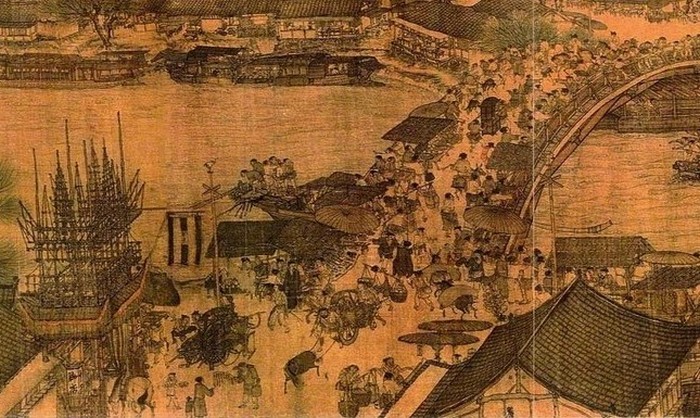 Китайская рыночная площадь с магазинчиками и киосками. Крупный план части картины Зханг Зедуана (1085-1145)