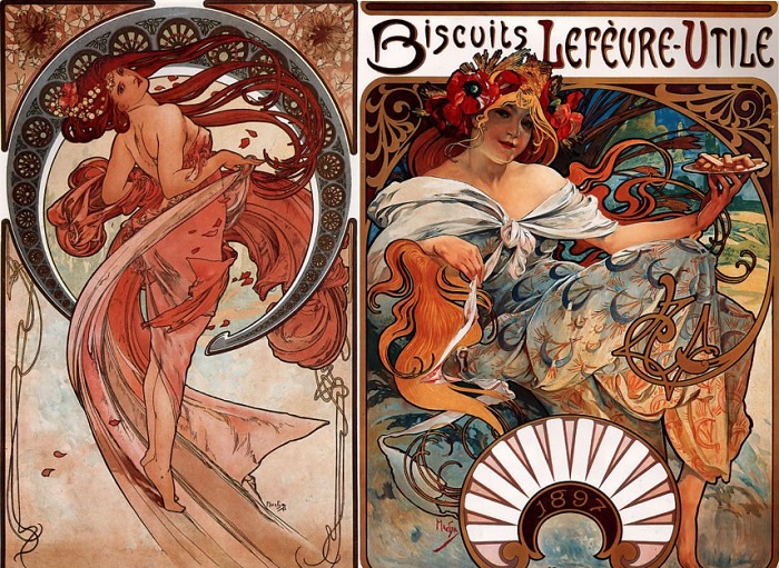 Рекламные плакаты в стиле ар-нуво, выполненные Альфонсом Мухой. | Фото: thevintagenews.com. Рекламные плакаты в стиле ар-нуво, выполненные Альфонсом Мухой. | Фото: thevintagenews.com.