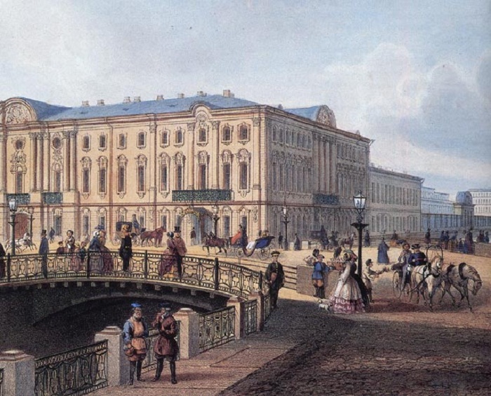 Строгановский дворец. Полицейский мост, с рисунка И.Шарлеманя Строгановский дворец. Полицейский мост, с рисунка И.Шарлеманя