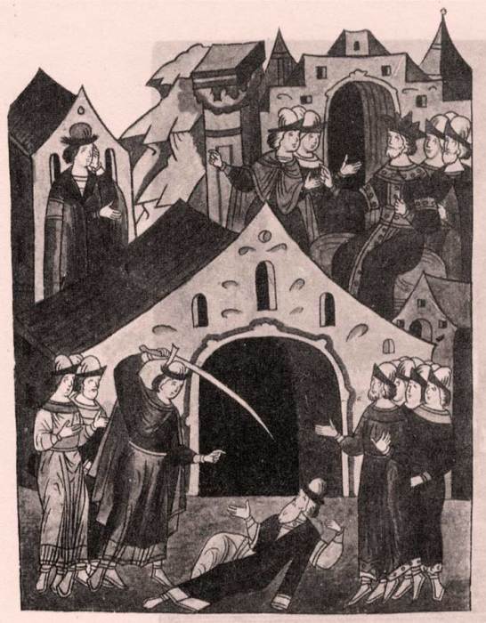 Дмитрий Михайлович тверской убивает Юрия московского в Орде. Миниатюра из "Царственного летописца"./Фото: rushist.com Дмитрий Михайлович тверской убивает Юрия московского в Орде. Миниатюра из "Царственного летописца"./Фото: rushist.com