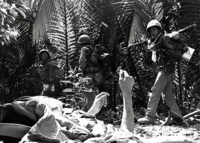 Смертельно раненый партизан Северного Вьетнама на фоне проходящих мимо южновьетнамских морских пехотинцев, осуществляющих поиск сил повстанцев в дельте Меконга, 27 февраля 1964 года. Смертельно раненый партизан Северного Вьетнама на фоне проходящих мимо южновьетнамских морских пехотинцев, осуществляющих поиск сил повстанцев в дельте Меконга, 27 февраля 1964 года.