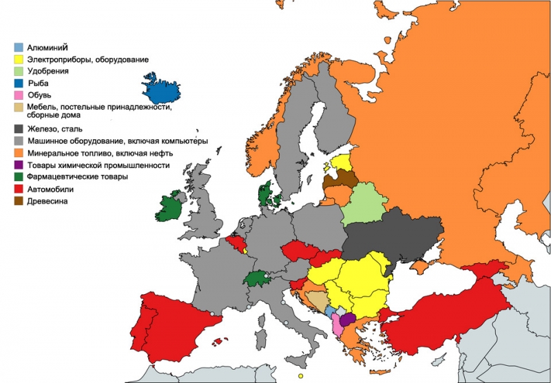 Карта: главный продукт экспорта разных стран Европы
