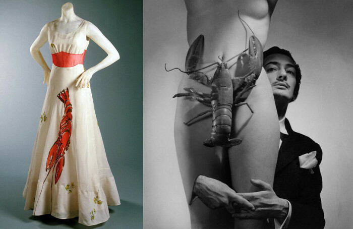 Платье от Эльзы Скиапарелли с лобстером от Сальвадора Дали. Платье от Эльзы Скиапарелли с лобстером от Сальвадора Дали.