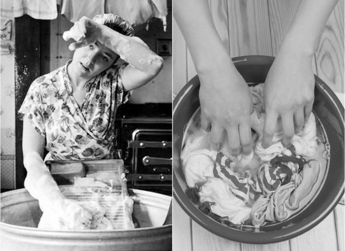 Белье в основном стирали вручную, а чтобы оно не линяло, добавляли соль. Белье в основном стирали вручную, а чтобы оно не линяло, добавляли соль.