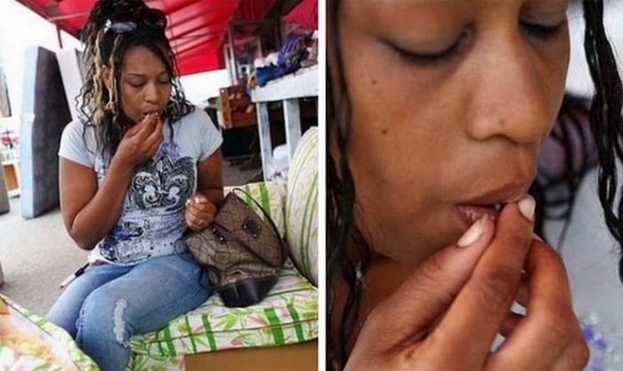 Американка Адель Эдвардс получает удовольствие от поедания поролонового наполнителя диванов. Американка Адель Эдвардс получает удовольствие от поедания поролонового наполнителя диванов.