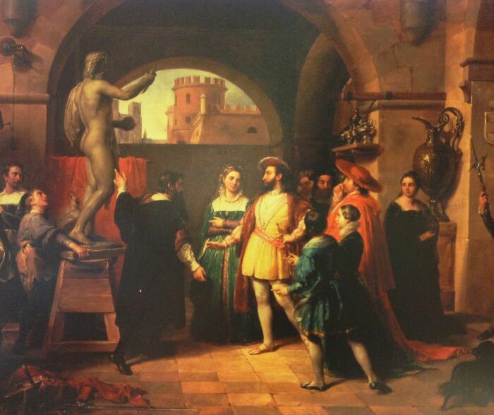 Франциск I в мастерской Бенвенуто Челлини, картина Франческо Подести, настенное искусство 1839 года. Фото: i.pinimg.com.