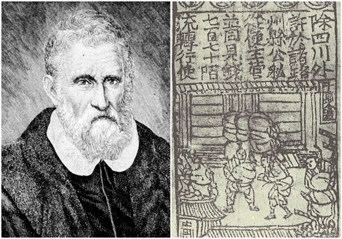 Слева направо: портрет Марко Поло. Бумажные деньги династии Сун (репродукция).